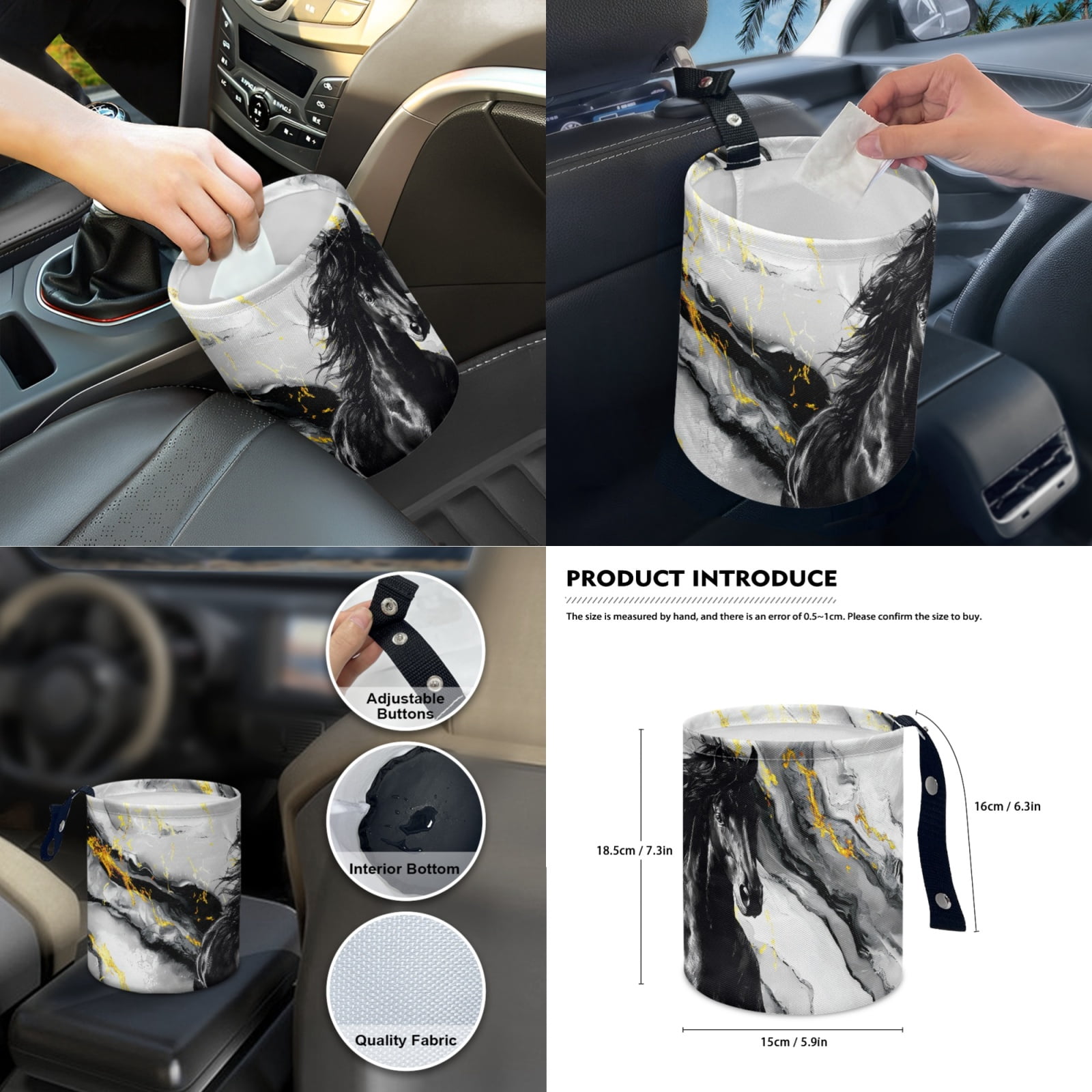 Renewold Black Horse Marble Car Seat Covers Front Rear Full Set Steering Wheel Seat Belt Pads Coasters Waste Bin Armrest Pad Cup Holders Rearview Mirror Handbrake Cover Set, 14 Pack
