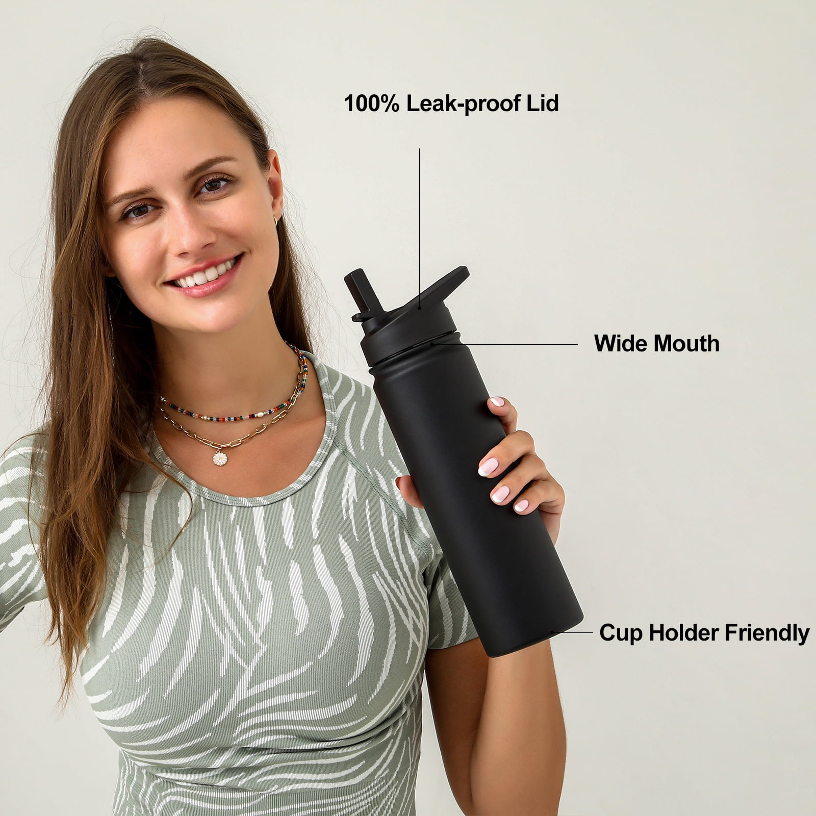 Mininoo 24 oz Insulated Stainless Steel Water Bottle with Straw Lid, Black