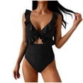 thumbnail image 2 of QUNYINEY Ruffle One Piece Swimsuits for Women Tummy Control Black Spaghetti Straps High Waisted Swimwear V Neck Monokini Women Swimwear, 2 of 7