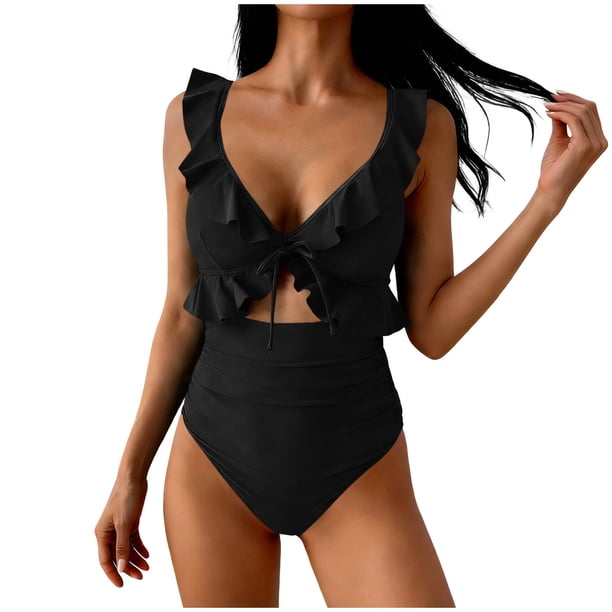 Trajes de Baño de Corte Alto para Mujeres de Color Sólido con Cojín de Pecho, sin Soporte de Acero Traje de Baño Dividido con Cordón Suelto, Cintura Alta