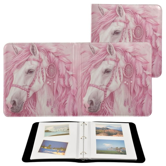 Leather Cover Photo Album 80 Pockets 4x6 Photos Bookshelf Picture Album Elegant Horse with Long Hair