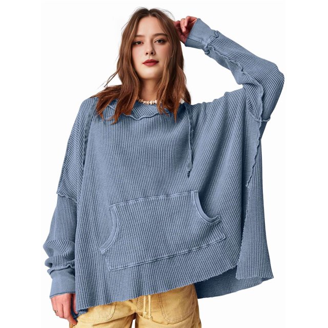 Sudadera con Capucha Extragrande para Mujer, Jersey con Mangas Murciélago y Cuello Redondo, Jersey con Diseño de Gofre Azul L