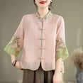 thumbnail image 2 of Womens 3/4 Sleeve Vintage Tops Cotton Linen Floral Embroidered Blouses Fall Fashion Retro Chinese Frog Button Shirt M-4XL, 2 of 6