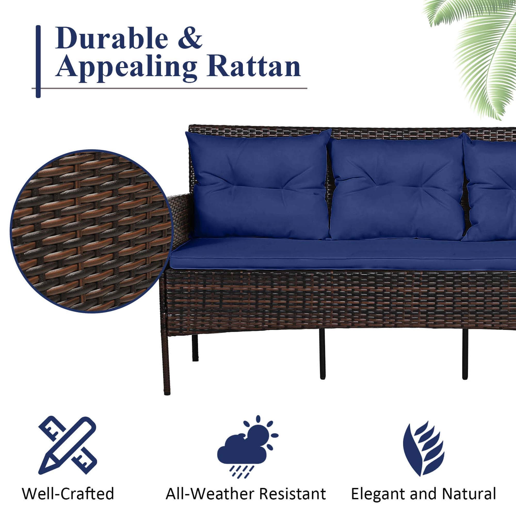 Costway 3PCS Patio Rattan Furniture Set 3-Seat Sofa Cushioned Table Garden Navy