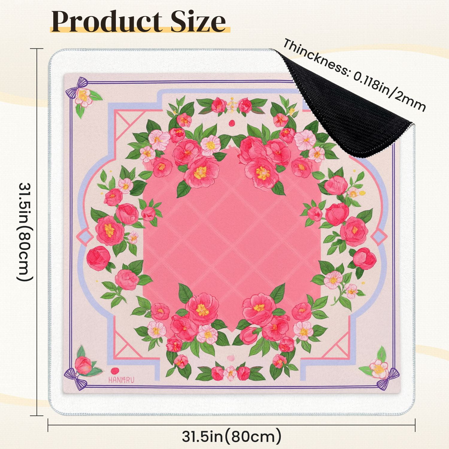 Mahjong Mat 31.5" x 31.5" Floral Pink Camellia Bouquet Soft Pastel Accents Anti-Slip and Noise Reduction Symmetry Design Mahjong Tiles Table Cover for Dominoes Poker Card Board and Tile Games