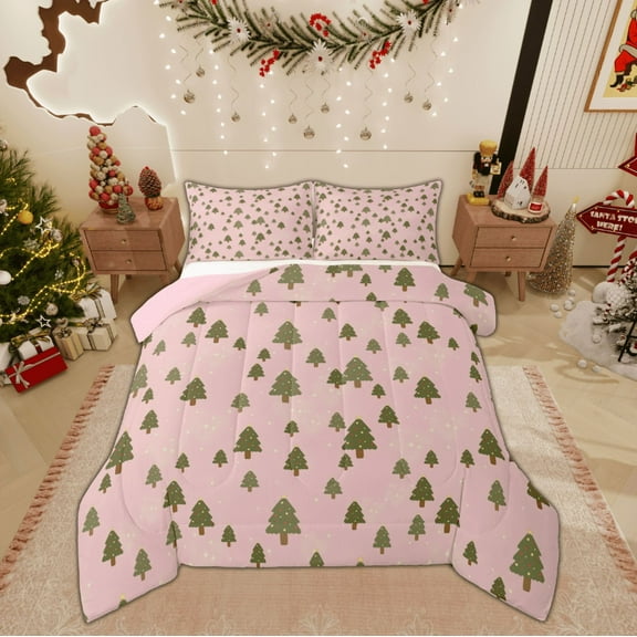 Feelyou Pink Merry Christmas 01, Cartoon Green Tree Twin Comforter Sets, Kids Teens Boys Girls Reversible Bedding Set, Luxury Bedroom Decor, 2pcs