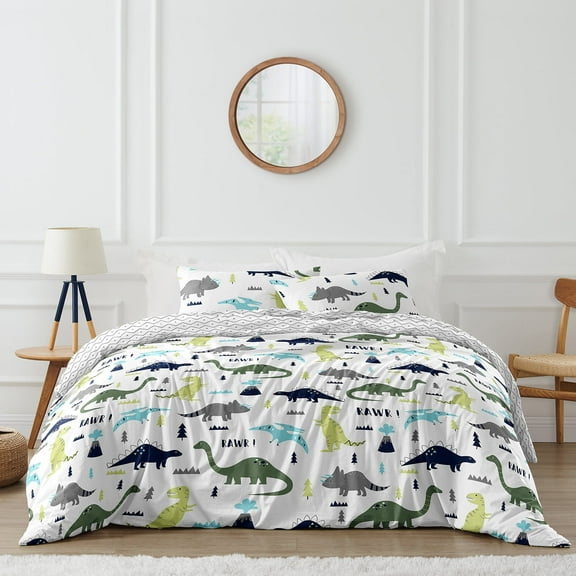 Sweet Jojo Designs Mod Dinosaur Blue Green Grey Queen Duvet Cover Bedding Set 3 Piece Set