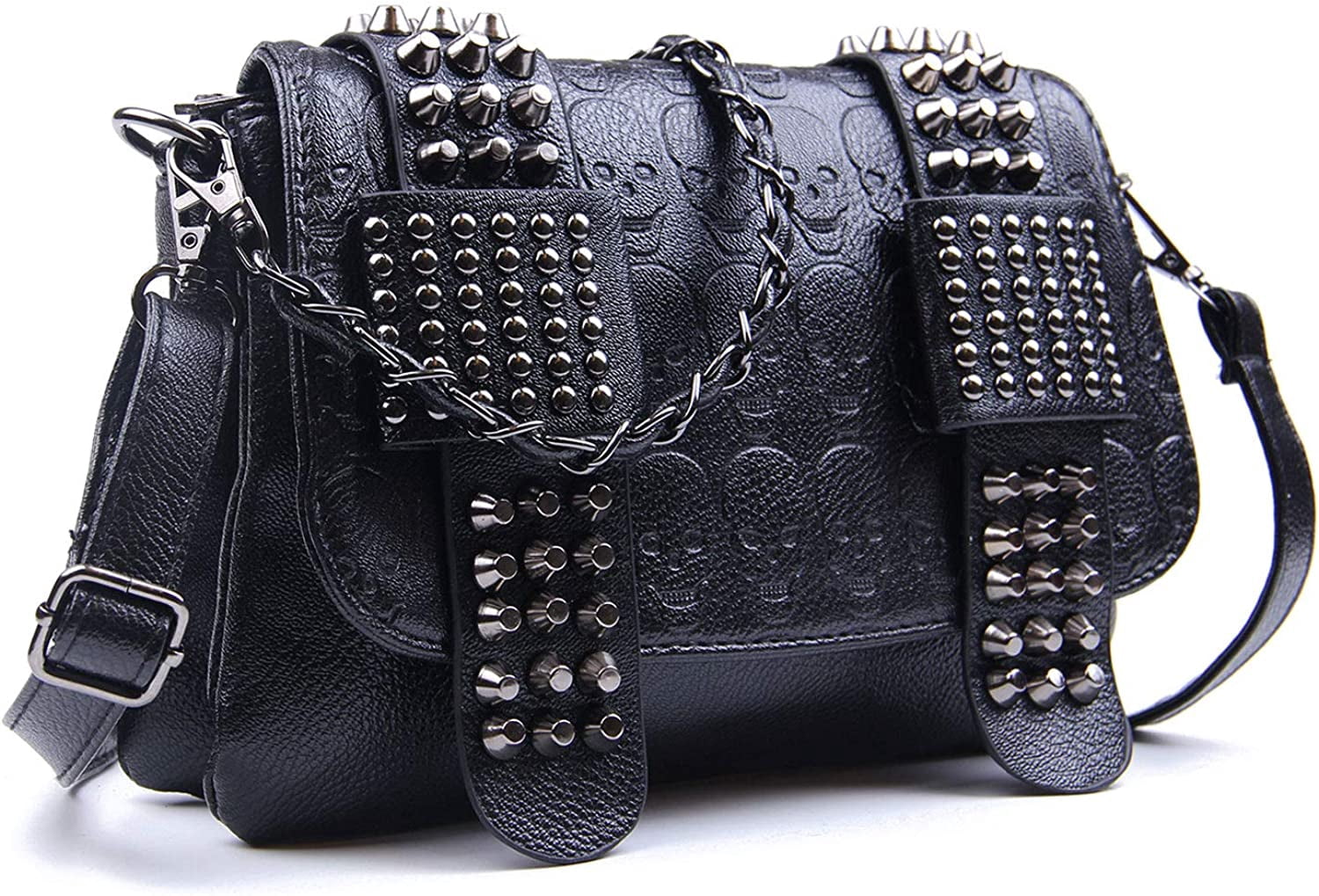 Womens Punk Skull Rivet Shoulder Bag PU Leather Goth Crossbody Bag with Chain Wallet Purse for Teen