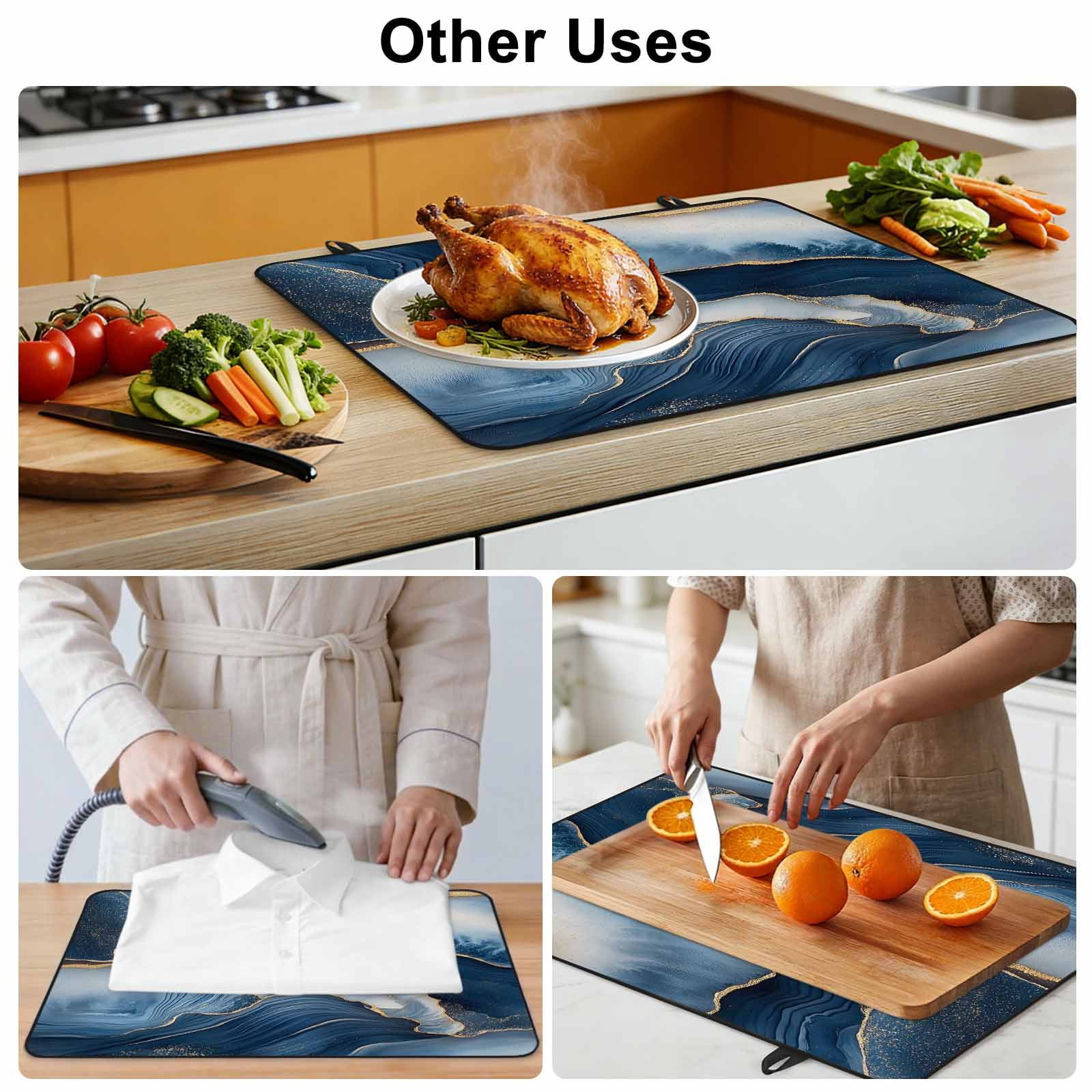 Navy Blue Marble Stove Top Cover for Electric Stove, Heat-proof & Non Slip Glass Top Stove Cover Protector, Modern Ink Painted Artwork Kitchen Flat Cooktop Rubber Mat 24x21 Inches