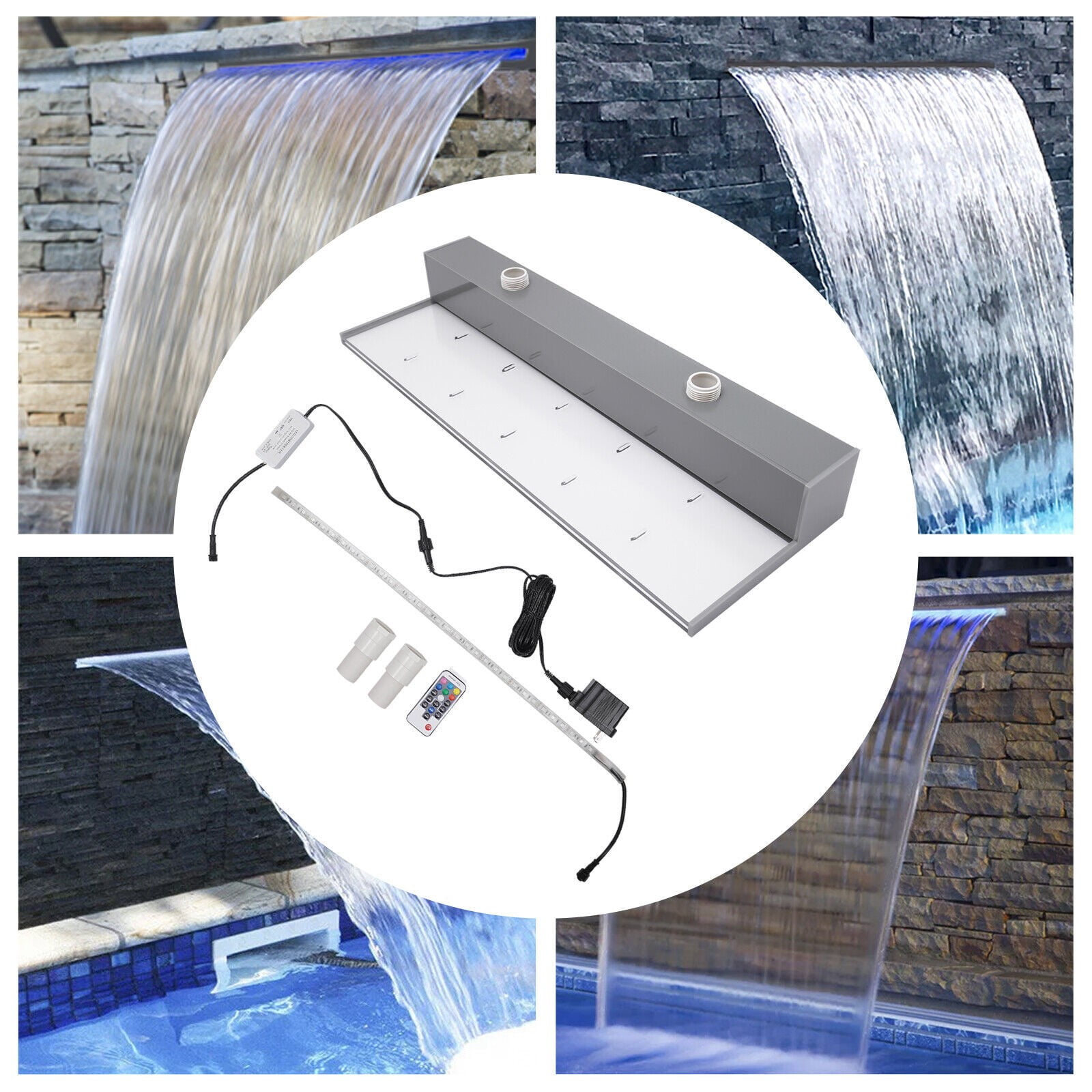 Outdoor Waterfall Fountain, 24 Inch Plastic Pool Fountain with LED Lights&Remote Control for Garden Patio Commercial Decor