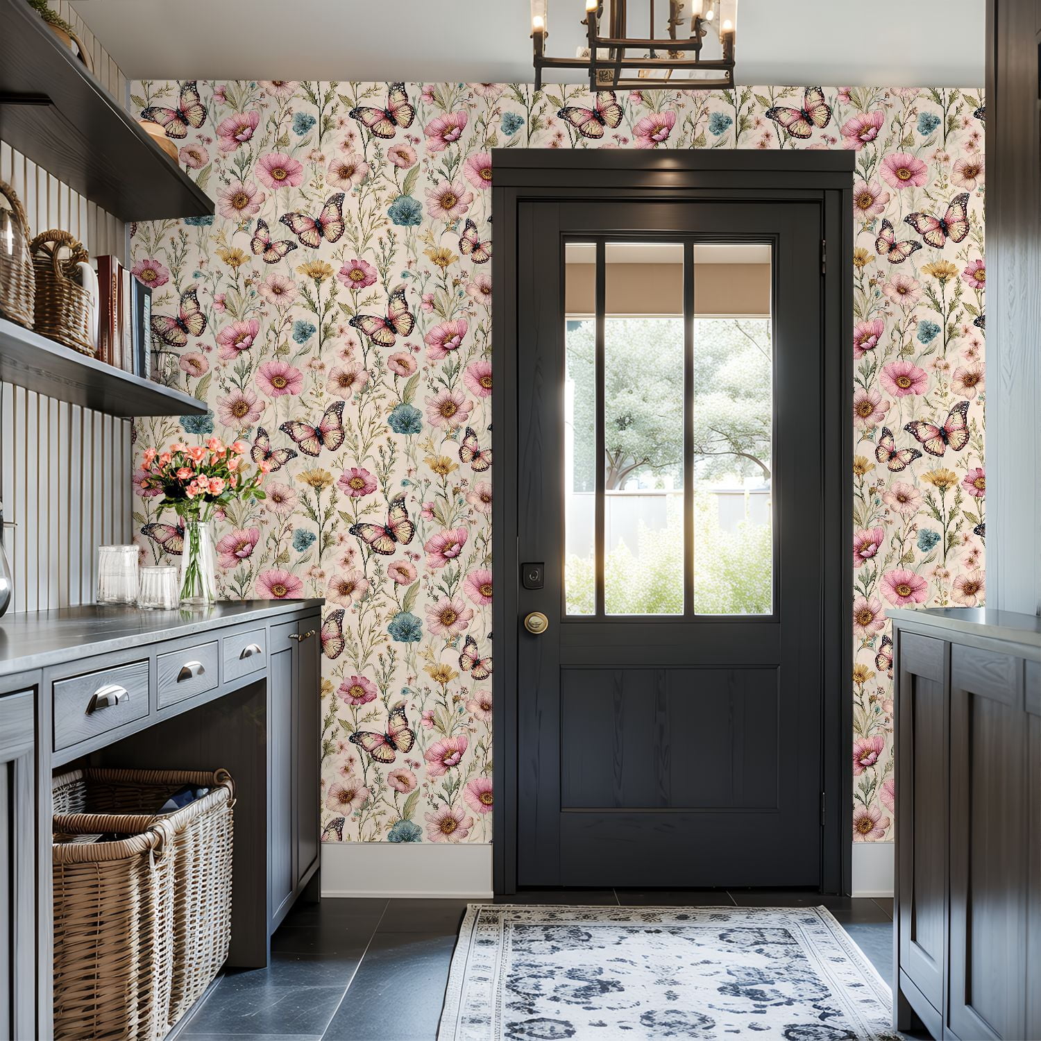 Peel and Stick Wallpaper Delicate Pink Blue Floral Butterflies Botanical Spring Wall Mural 17.7in x 9.8ft Self Adhesive Removable Wall Paper Renter Friendly Wallpaper for Nursery Bedroom Cabinets