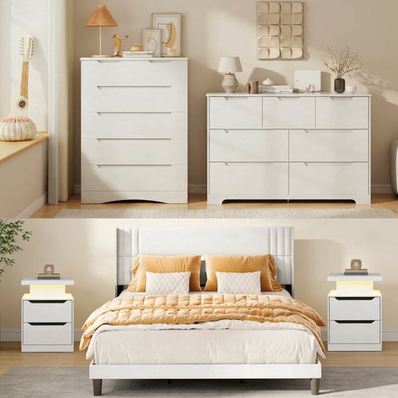 Bedroom Furniture Sets, Asofer 2 Nightstands, 6-Drawer Dressers & 7-Drawer Dressers, Queen Bed Frame, White