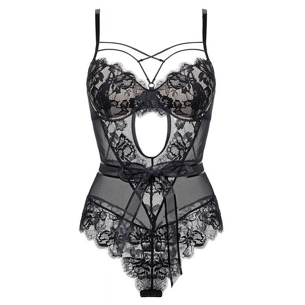 Mono sexy francés seductor con lazo transparente de encaje estilo europeo y americano mono sexy ajustado