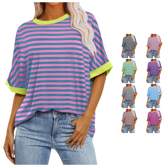 RUTAYY Women's T-Shirts Summer Casual Crew Neck Loose Striped Short Sleeve Comfortable Breathable Daily Wear Vibrant Holiday Tops