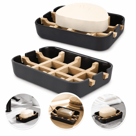 2 Pack Bamboo Soap Dish, Wooden Bar Soap Holder with Drainage, Soap Dish for Shower, Bathroom Soap Holder, Soap Dishes for Bar Soap, Bar Soap Container for Sink Deck, Bathtub and Kitchen, Black