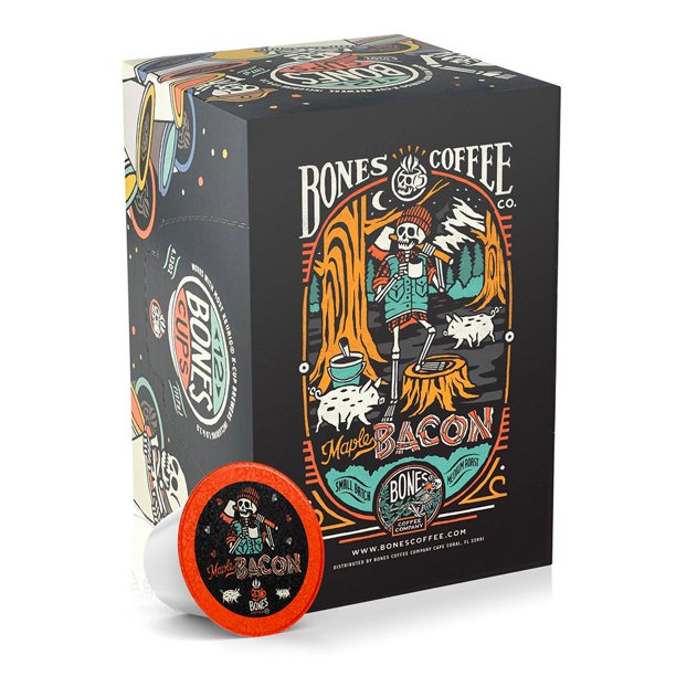 Bones Coffee Medium Roast K cups 12 ct. Single Serve Maple Bacon Flavored Coffee Pods