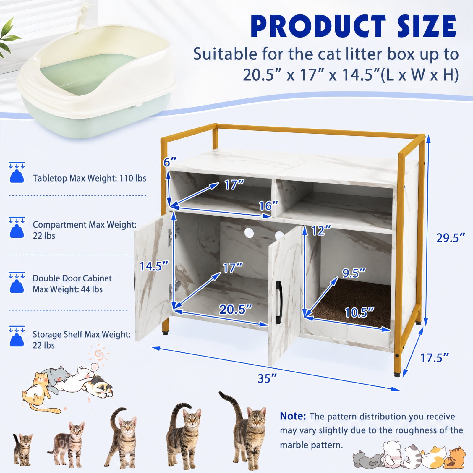 SUGIFT Hidden Cat Litter Box Furniture with Double Doors, Enclosed Cat Washroom Side Table Cabinet with Scratch Cardboard, White