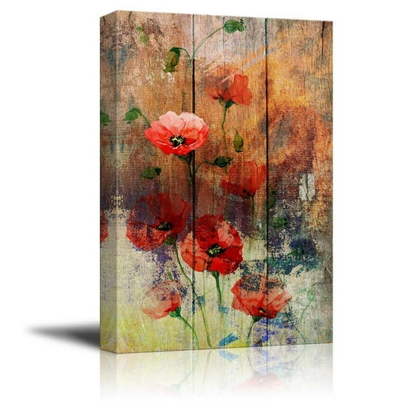wall26 Canvas Print Wall Art Grunge Watercolor Red Poppy Flowers on Wood Panels Nature Wilderness Digital Art Realism Chic Colorful Multicolor Ultra for Living Room, Bedroom, Office - 32"x48&quo