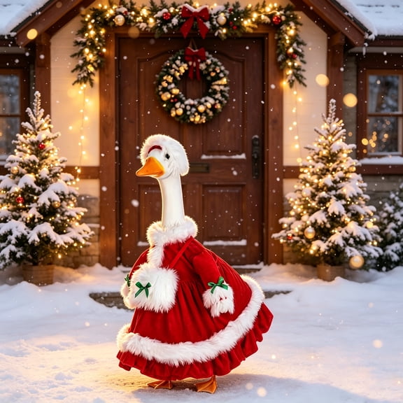 Christmas Goose Outfit Santa Dresses Clothes for 17" High Cement or Plastic Goose Porch Yard Duck Costume for Lawn Outdoor Garden Patio Statue Xmas Santa Holiday Decor