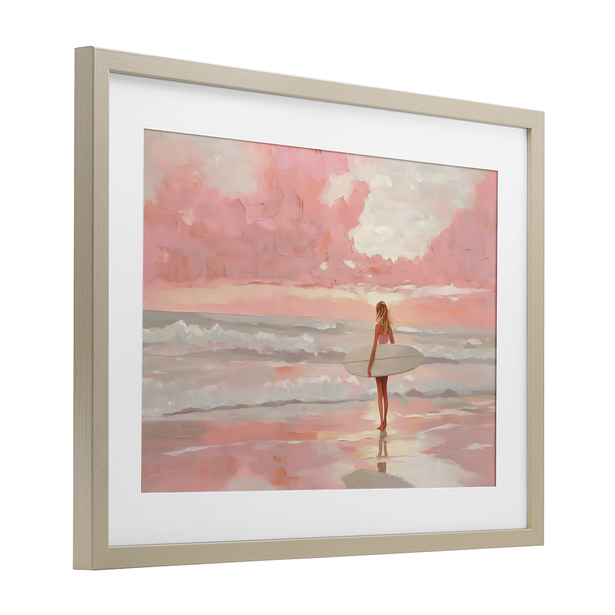 Pink Sky Surfer Birch Framed Print Under Glass, design by LSR Design Studio