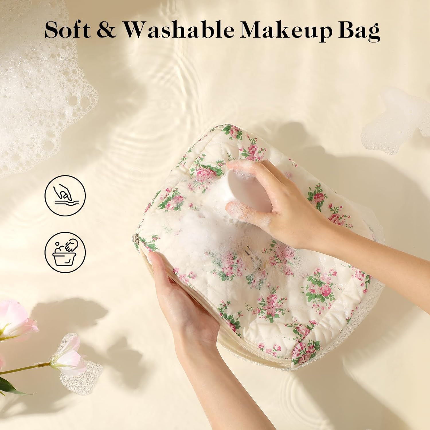 Delamu 3-Piece Quilted Floral Makeup Bag Set photo 5