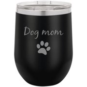 Dog Mom - Dog Paw Stainless Steel Engraved Insulated 12 oz Double-Walled Wine Tumbler with Clear Plastic Lid, Black