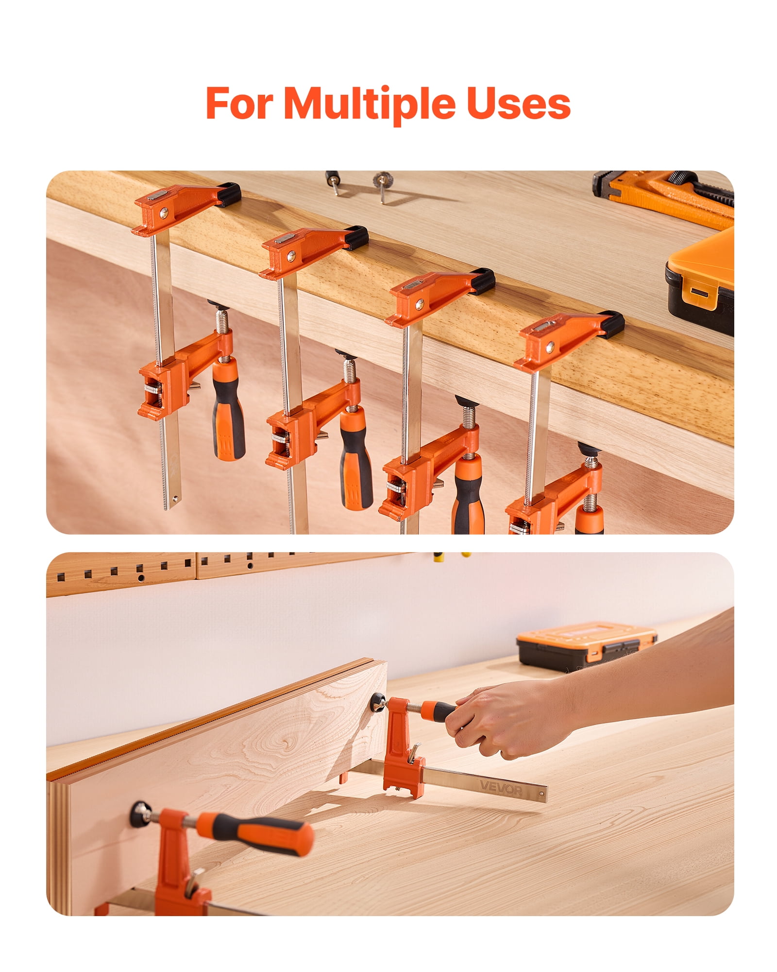 VEVOR Bar Clamps for Woodworking, 2-Pack 6 inch and 2-Pack 12 inch, Lockable F-Clamp with 600 lbs Load Limit, 2-1/2 inch Depth, Cast Iron and Carbon Steel, Wood Clamps for Woodworking Metal Working