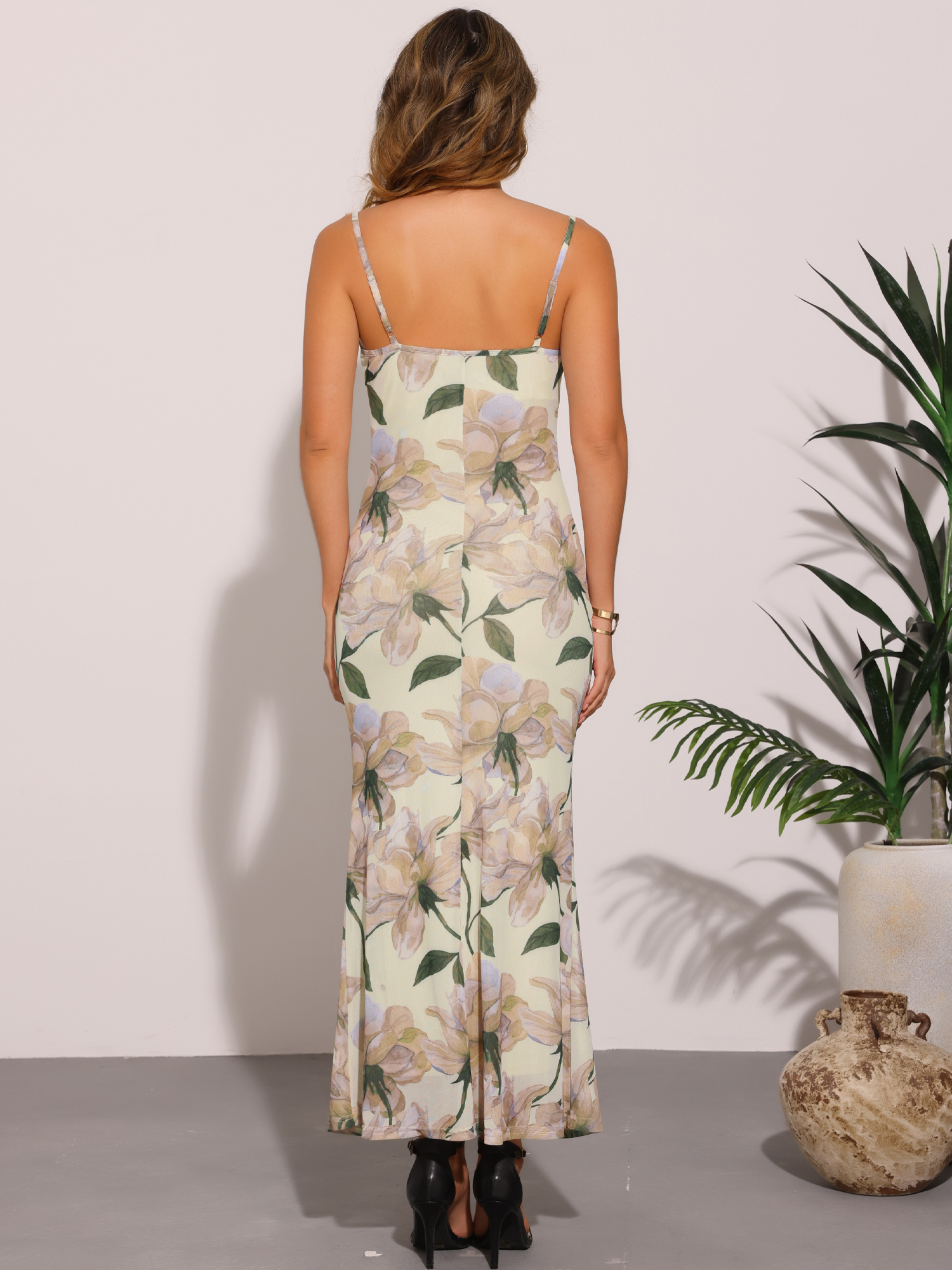 DARING DIVA Floral Maxi Spaghetti Strap Bodycon Dress XS Beige