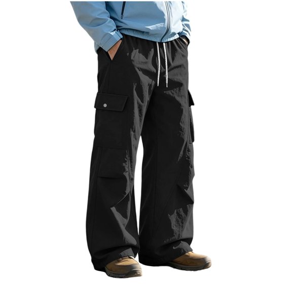 Iyufng Men's Drawstring Elastic Waist Casual Wide Leg Outdoor Cargo Pants with Button Flap Pocket