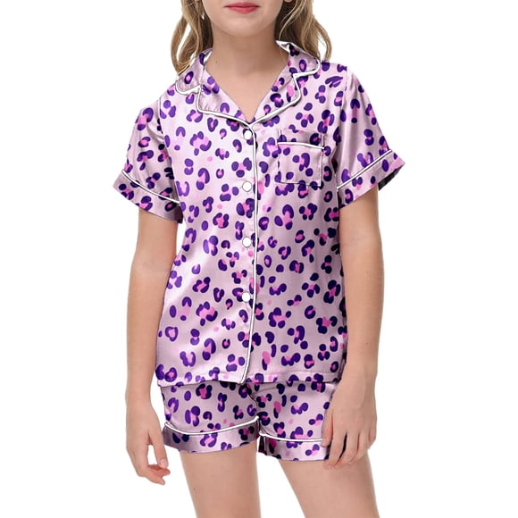 GPOECD Valentines Day Pajamas Girls Short Sleeve Shorts Nightwear Cute Cartoon Heart Print Loungewear Comfortable Home Wear for Kids Sleepwear Purple_010,130