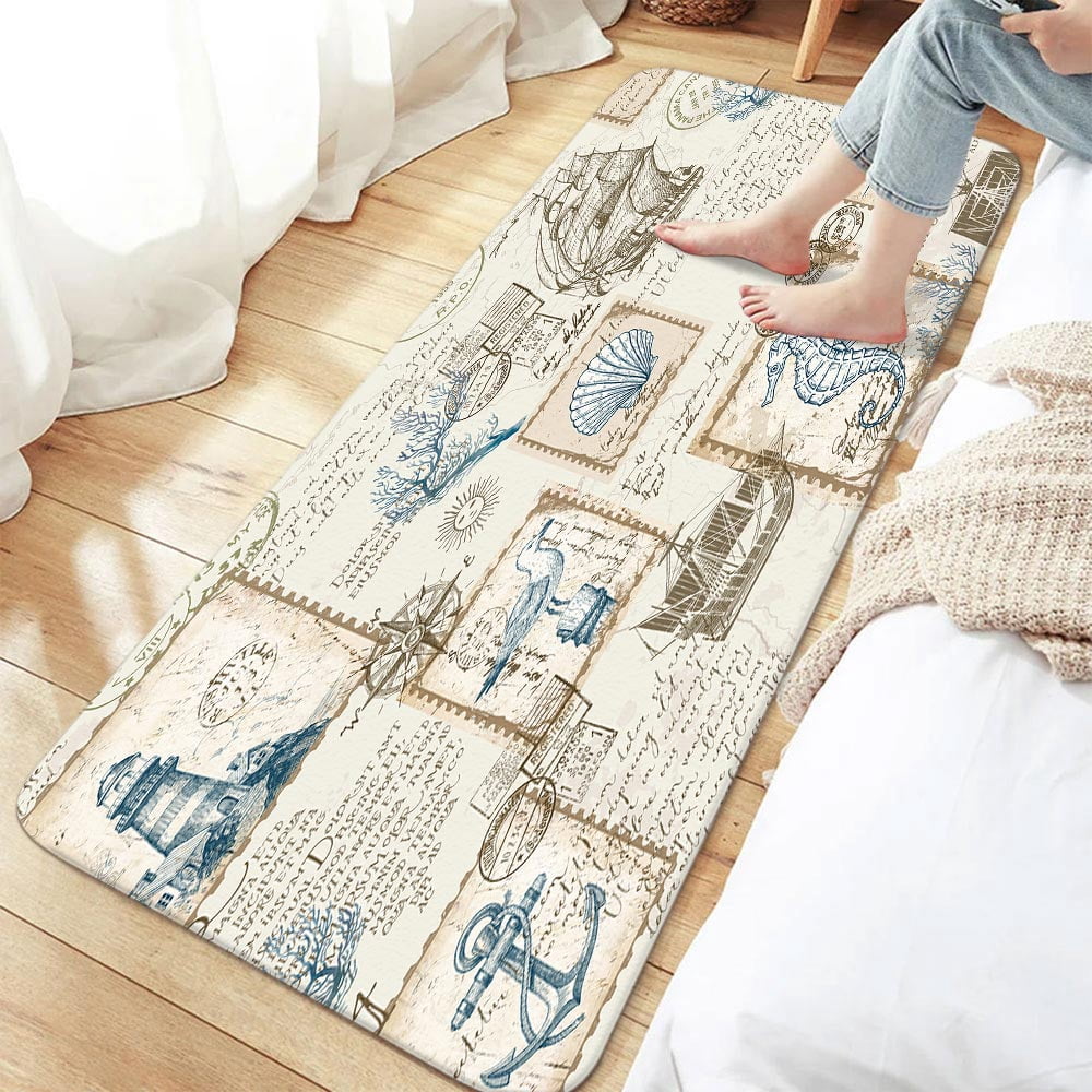 Nautical Bathroom Rugs,Beach Flannel Non Slip Mat Rug,Tropical Coastal Flannel Non Slip Mat Rug,Ocean Beach Bath Mat,Retro Sailing Adventure Bathroom Mats 17X48in