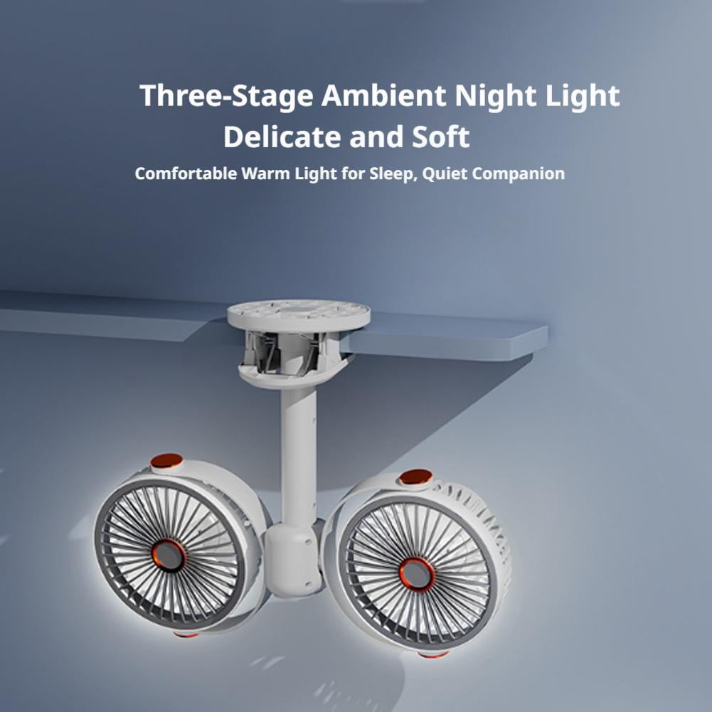 Dual Head Clip on Fan - Rechargeable Portable Desk Fan with LED Light, 360 Rotatable USB Clip Fans with 5 Speeds Wall Mounted & Hanging Quiet Cooling Fans for Stroller, Car, Office, Camping & Bed