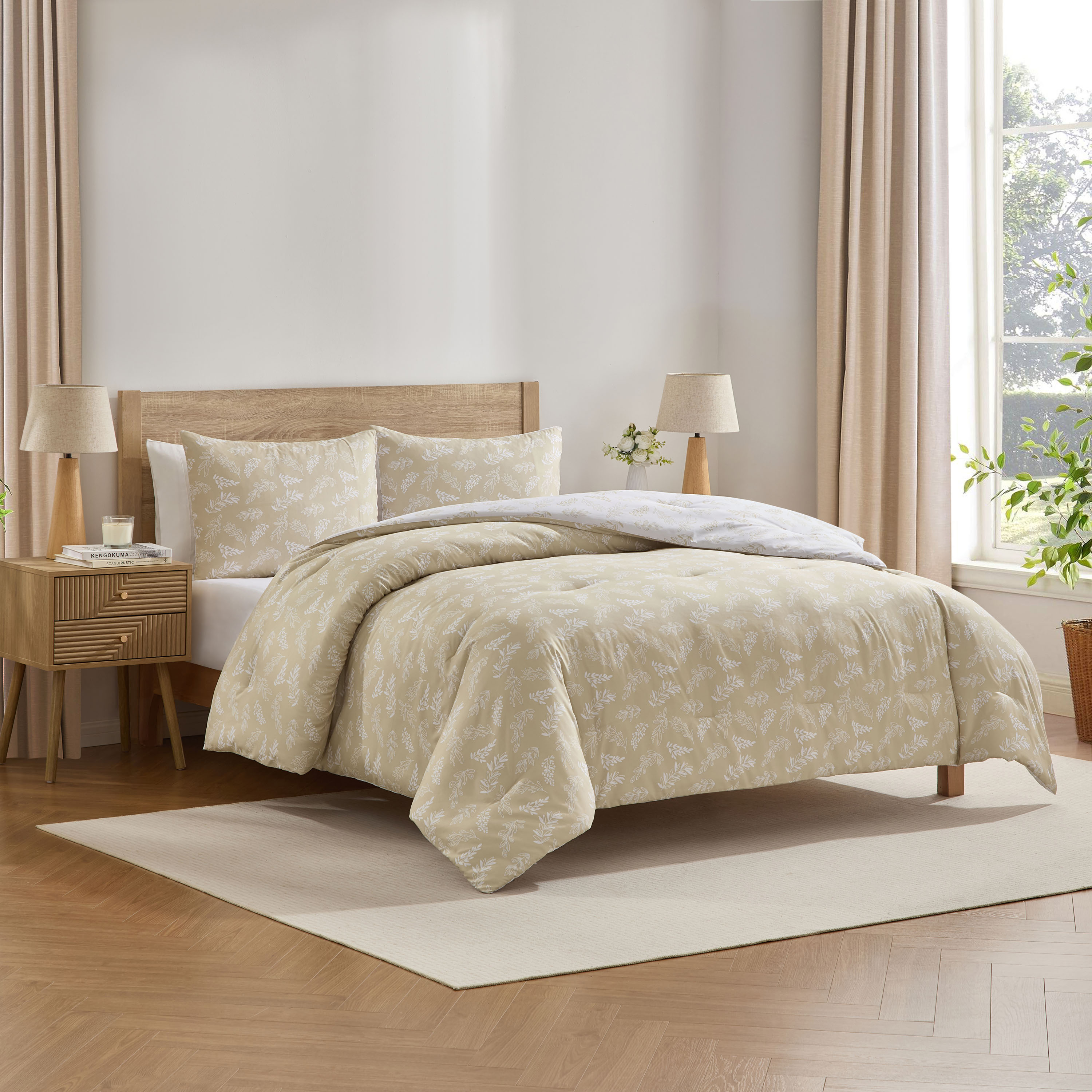 LammaLoe Full Size Comforter Sets, 3 Piece Botanical Bed in a Bag, Reversible Bedding Comforter Set with Sheets, Modern Bed Set, Oatmeal/Offwhite