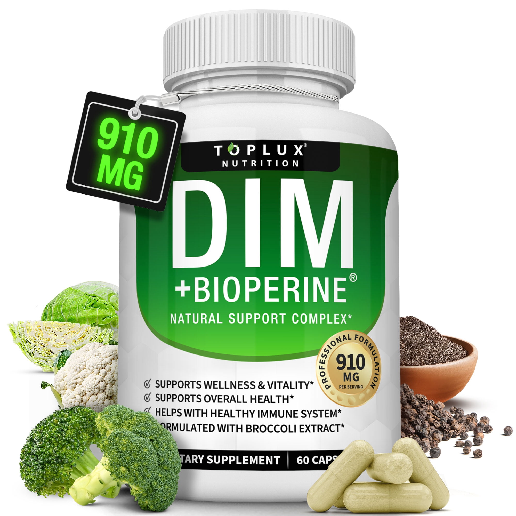 Toplux Dim Supplement 910mg Diindolylmethane with Bioperine, Hormonal Balance Supplement 60 Capsules