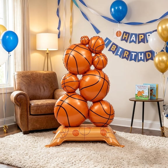 1 Pack Basketball Balloons, 4.9ft Giant Self Standing Foil Balloons with Base, Basketball Party Decorations for Kids Birthday Boys Sports Theme Decor