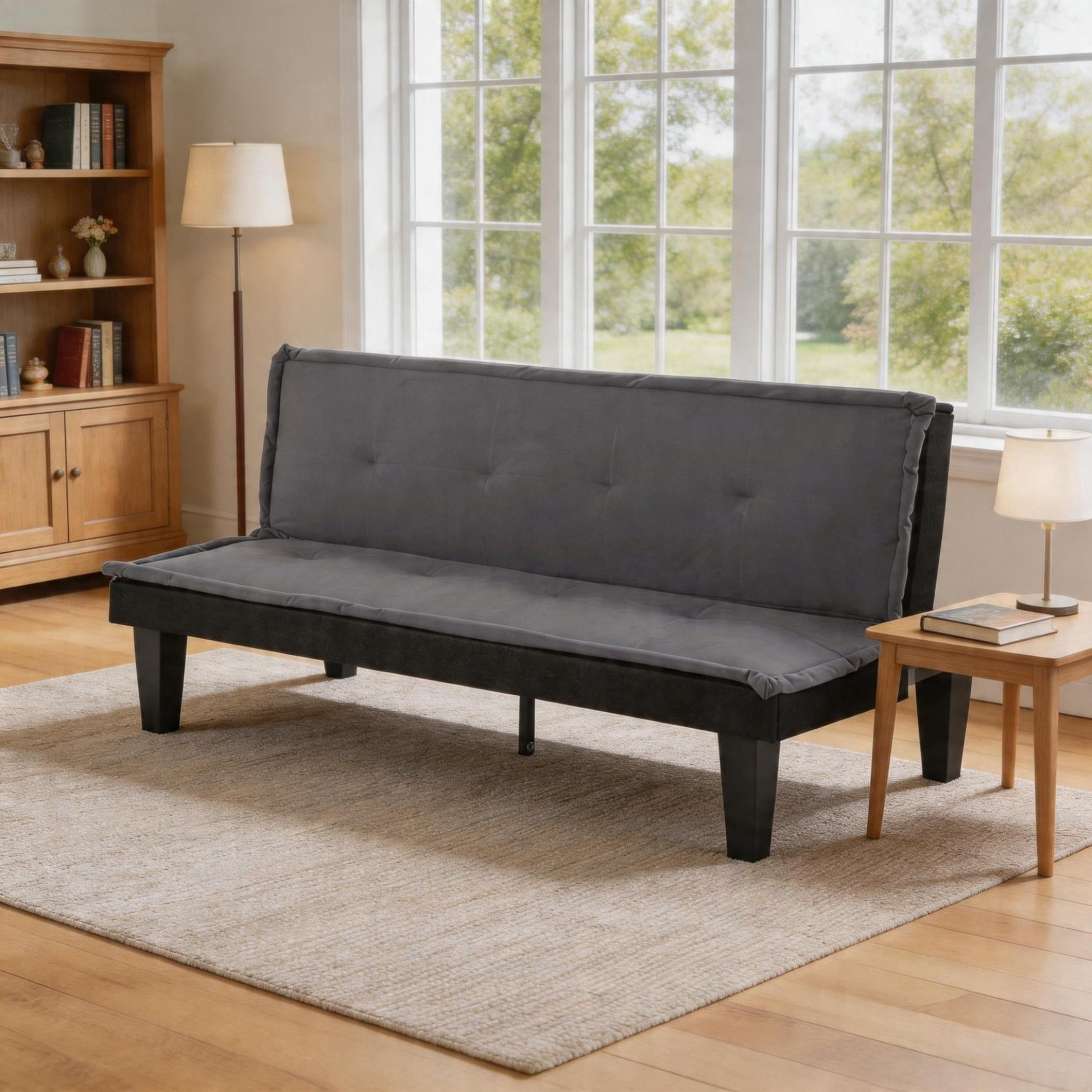 BSHTI 62.99" Faux Suede Upholstered Modern Futon Sofa Bed with Adjustable Back, Tufted Design for Living Room(Dark Gray)