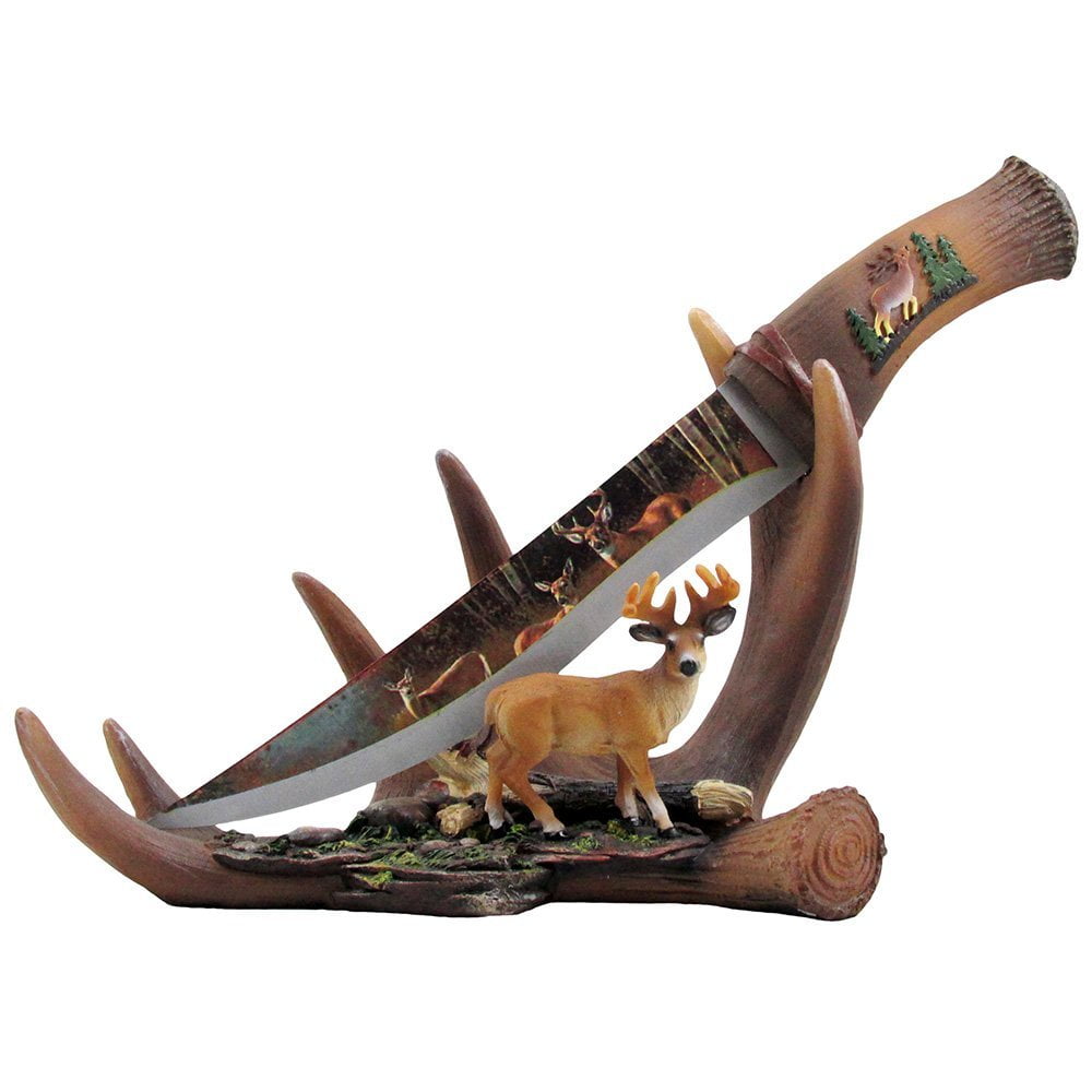 Decorative Stainless Steel Hunting Knife on Deer Antler Display Stand