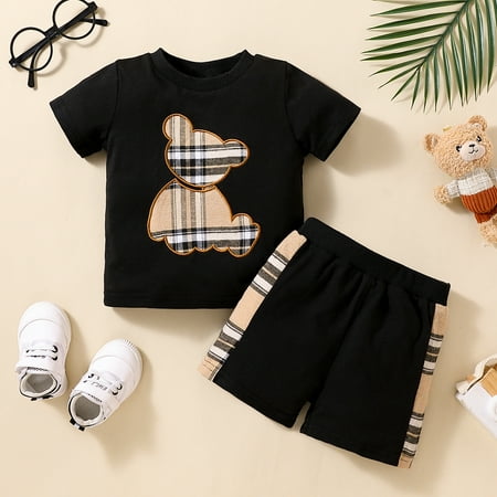 

PatPat 2pcs Baby Boy Plaid Bear Graphic Short-sleeve Tee & Shorts Set