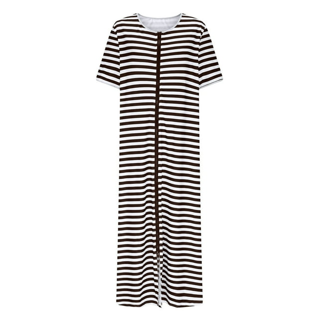 HUJlwoi Chemise de Nuit Imprimée pour Femmes Rayée Longue Robe de Bain Zippée Robe Décontractée Chemise de Nuit Manches 3/4 avec Poches