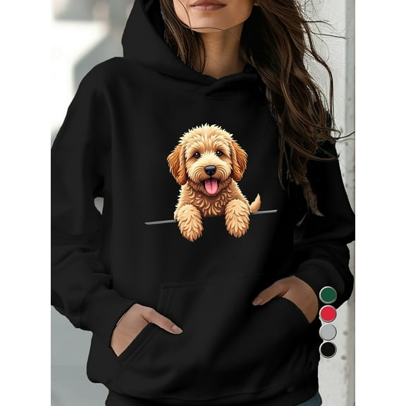Women'S Black Golden Doodle Graphic Hoodie - Cozy Relaxed Fit Pullover with Front Pocket, Soft Machine-Washable Fabric, Cute Dog Lover Sweatshirt for Autumn Winter Warmth, All-Season Casual Wear, Pla