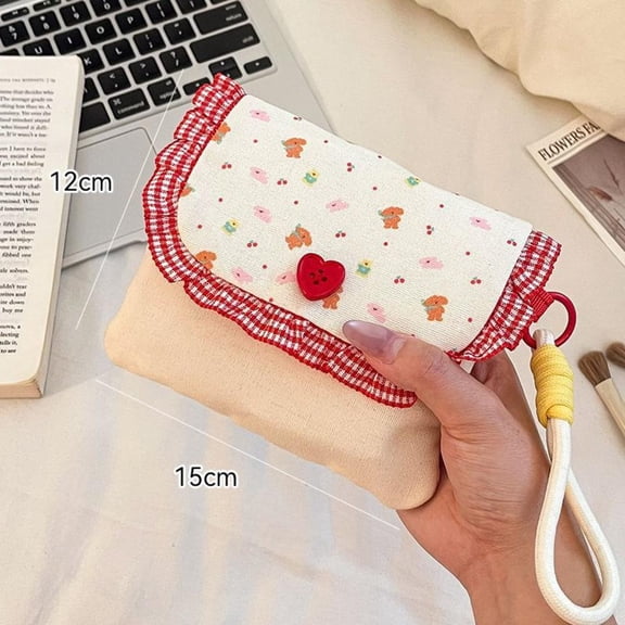 Canvas Floral Double-layer Small Storage Bag With Lanyard Portable Sanitary Napkin Cosmetics Organizer For Women Girls Coin Purse Card Holder