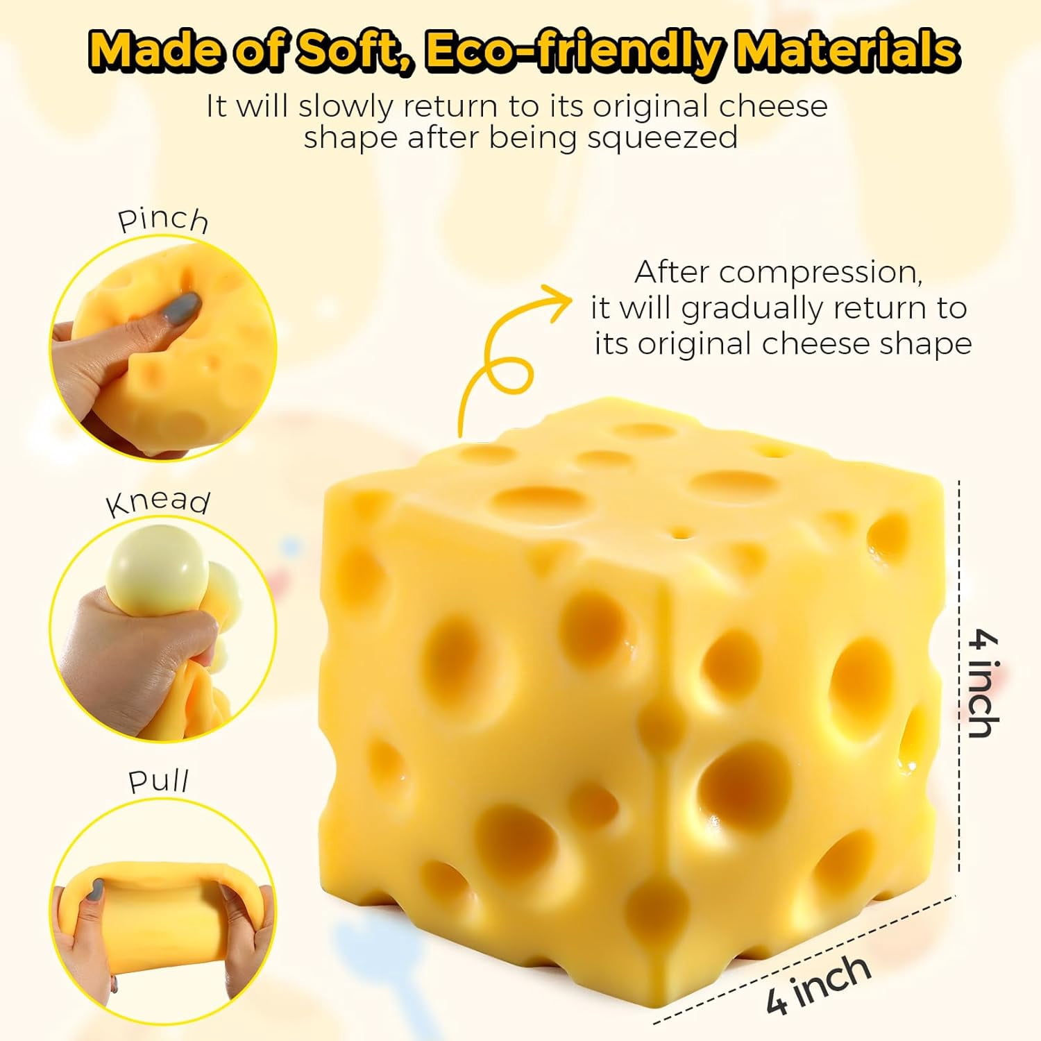 Big Cheese Squishy (10cm), Jumbo Squishy Cheese Block Stress Relief Fidget Toys,Large Size Viral Squeeze Toys for Holiday & Birthday Gifts (4 Inch)