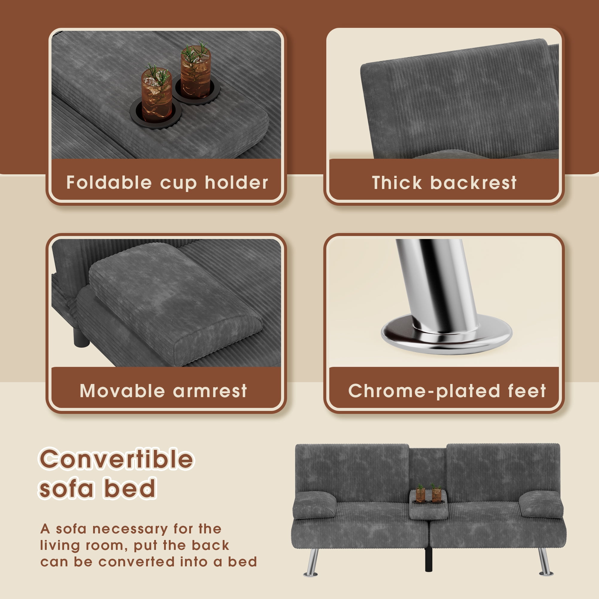 Homall Futon Sofa Bed with Armrests and Cup Holders,Adjustable Backrest Angles,Convertible bed,Gray