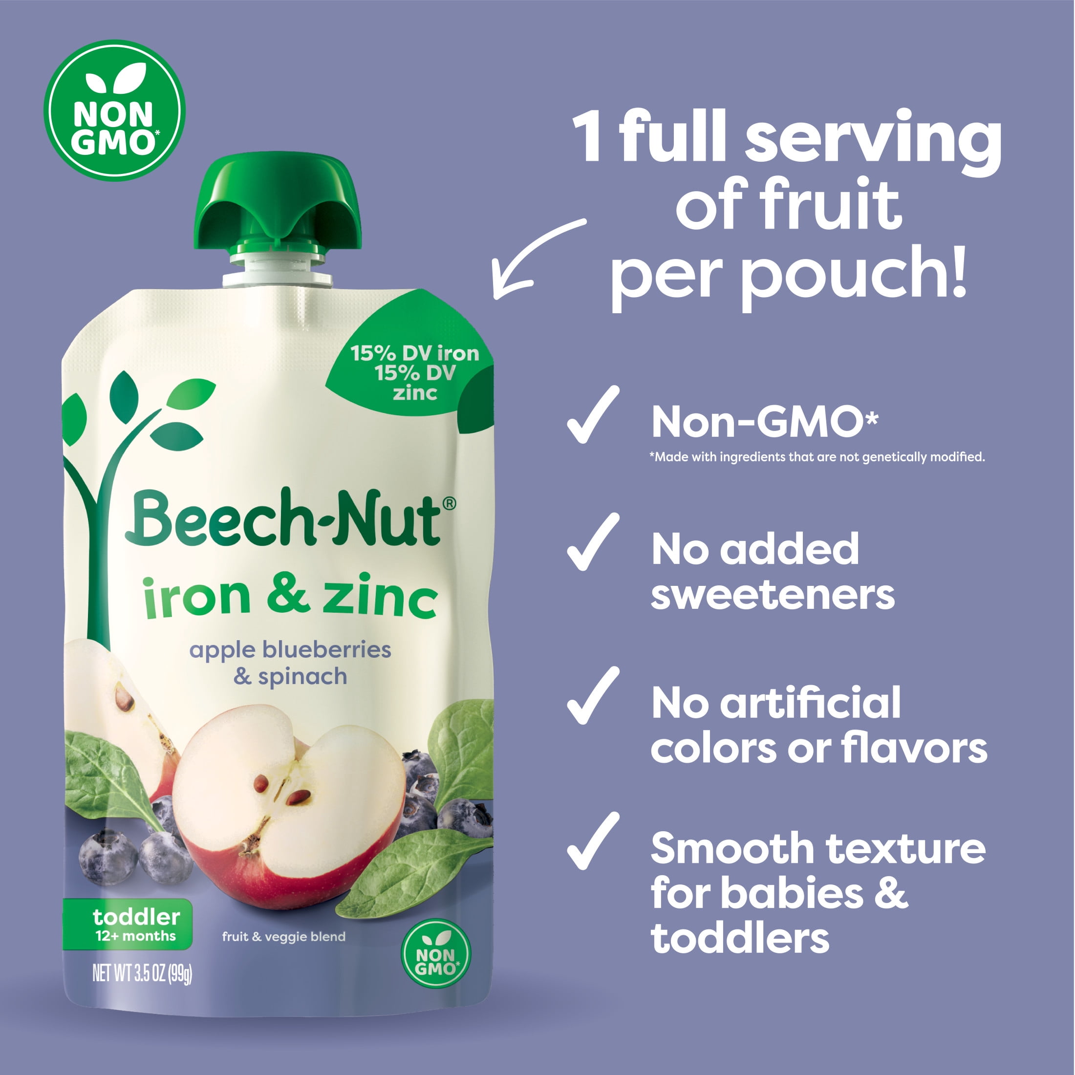 (12 pack) Beech-Nut Iron & Zinc Stage 4 Toddler Food, Apple Blueberry & Spinach, 3.5 oz Pouch