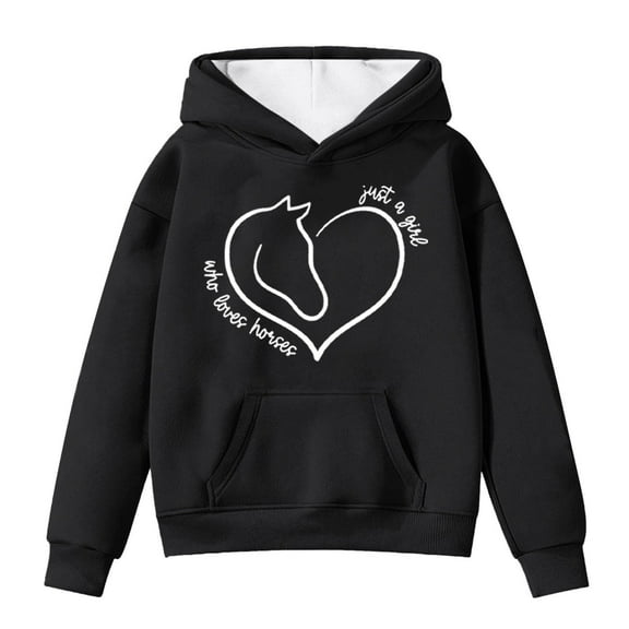 Toddler Girls Hoodies Sweatshirts Winter Warm Pullover With Pocket Cute Horse Print Long Sleeve Hooded Sweatshirt Kids Clothing Black Size 4-5T
