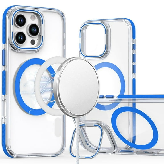For Apple iPhone 15 Pro Max Hybrid Clear Invisible Camera Bracket Stand [With Magsafe Magnetic Circle] Shockproof Color Frame Cover ,Xpm Phone Case [ Blue ]
