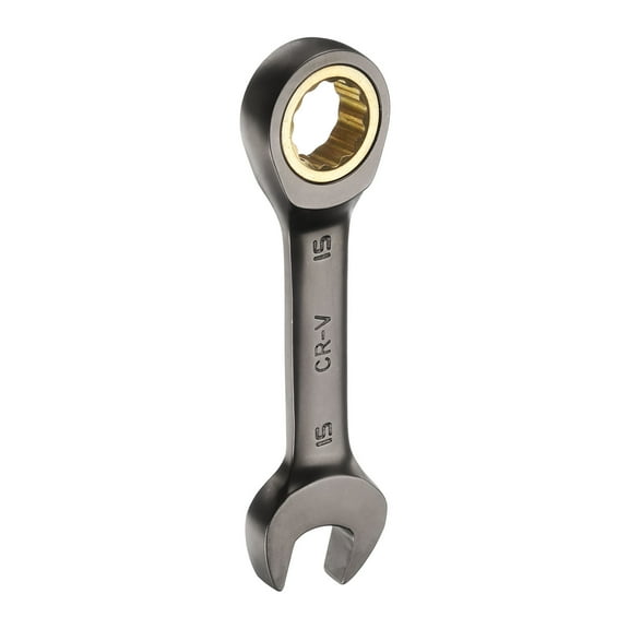 Stubby Ratcheting Wrench 15mm Metric Box and Open End Cr-Mo Steel 12-Point 72-Teeth Geared Combination Wrench Spanner for Home Auto Repair Machine Maintenance