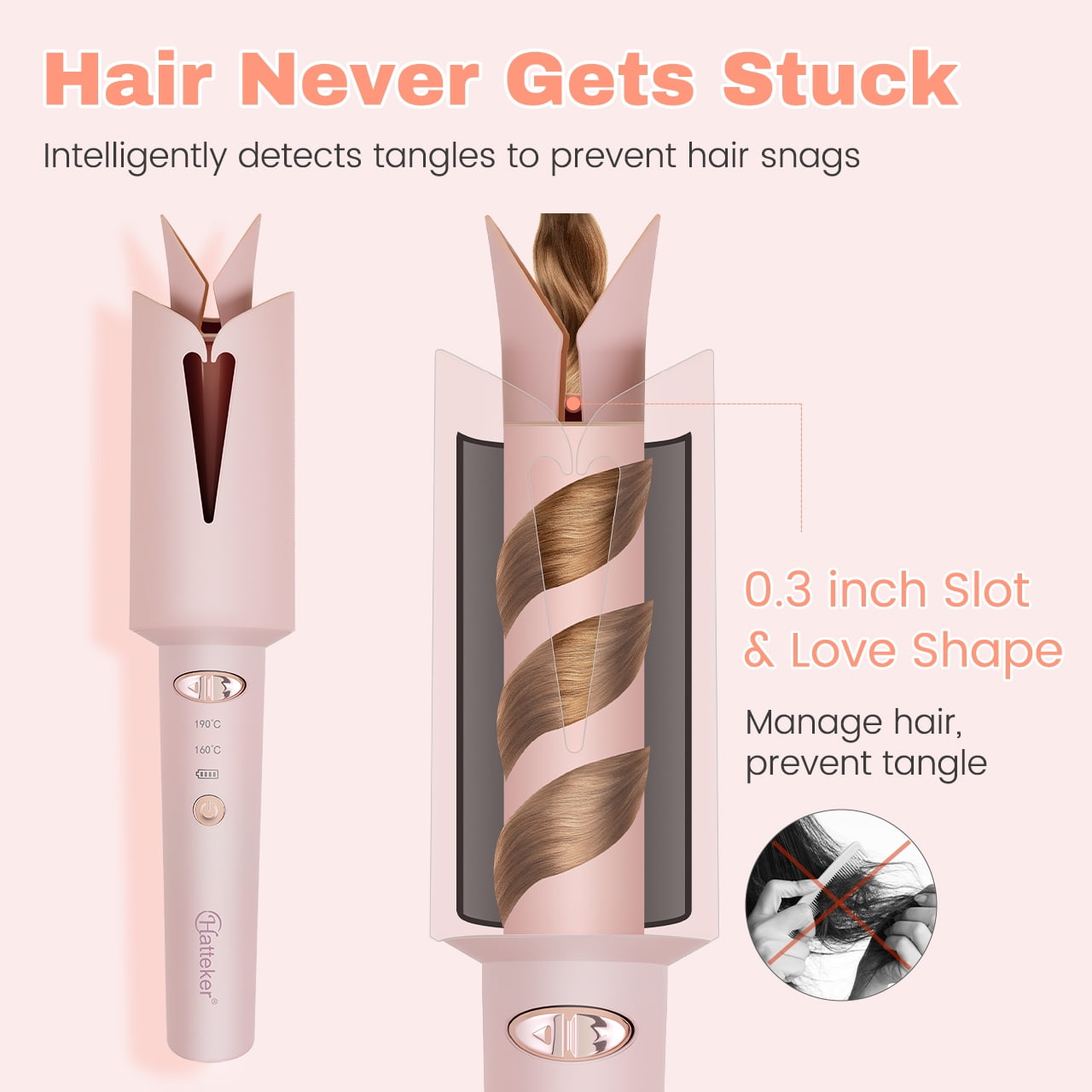 HATTEKER Automatic Rotating Curling Iron, Ceramic Tourmaline Coating Curling Iron, 25mm Automatic Curling Iron, Portable Hair Curler, USB Charging