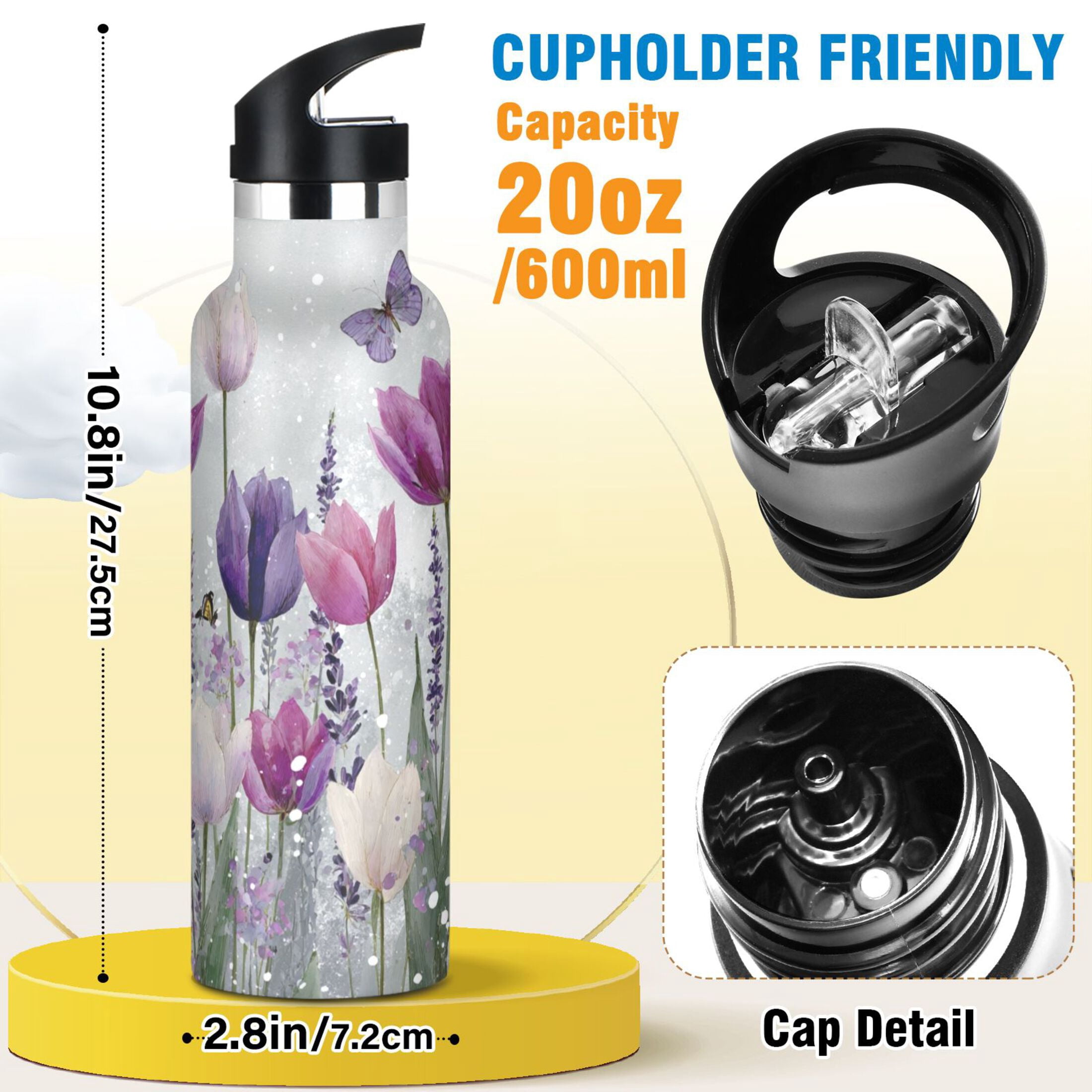 Kids Insulated Stainless Steel Sports Water Bottle 600ml (20oz) Colorful Tulips and Lavender