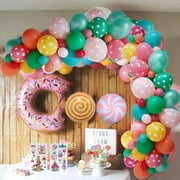 Donut Birthday Decorations for Girls, Candyland Party Supply Decors Pastel Balloon Garland Kit with Ice Cream Lollipop Balloon Happy Birthday Banner for Candy Baby Shower 18th